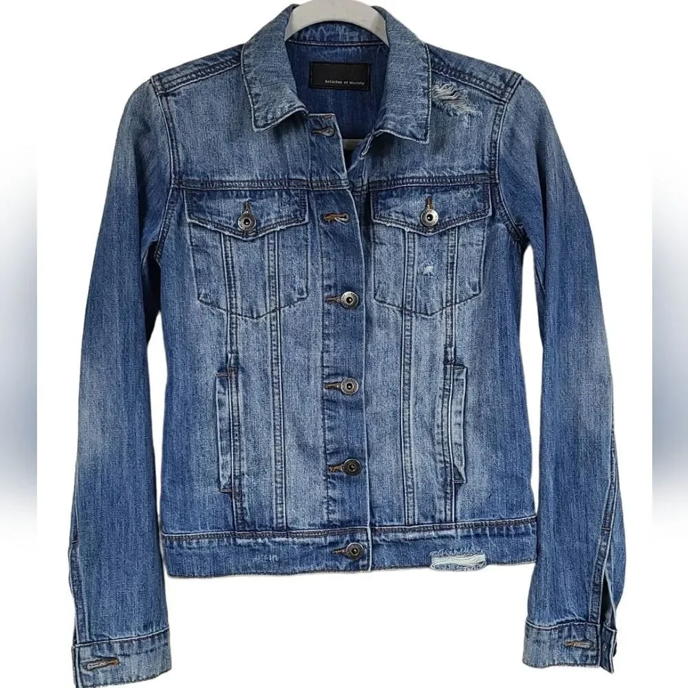 Articles of Society Distressed Denim Trucker Jacket Medium Wash Women XS Capsule